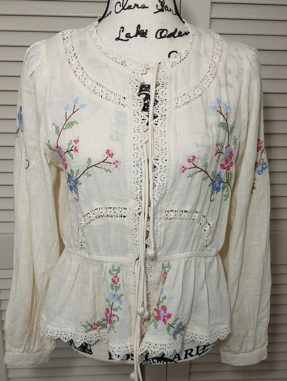 Crochet Embroidered Long Sleeve Peplum Top, Size S, Beige, 100% Cotton, Coquette